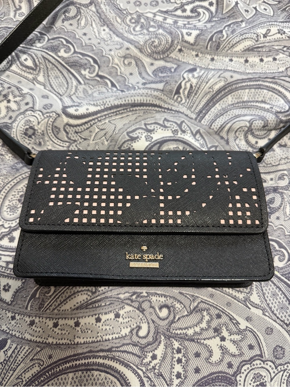 kate spade Black with Blush Perforated Saffiano Crossbody
